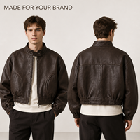 Blouson Bomber Homme Personnalisé en Cuir Froissé à Col Montant, Coupe Courte et Oversize, avec Logo Personnalisé