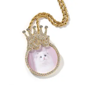 Hiphop oro helado diamante Rey reina corona foto colgante collar joyería para Mujeres Hombres