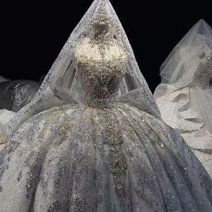 Hz002 Stunning Silver <b>White</b> Sweetheart Heavy Crystal Beaded Oversized Back Bow Glitter Ball Gown Wedding Gown Jancember - Product Image 6