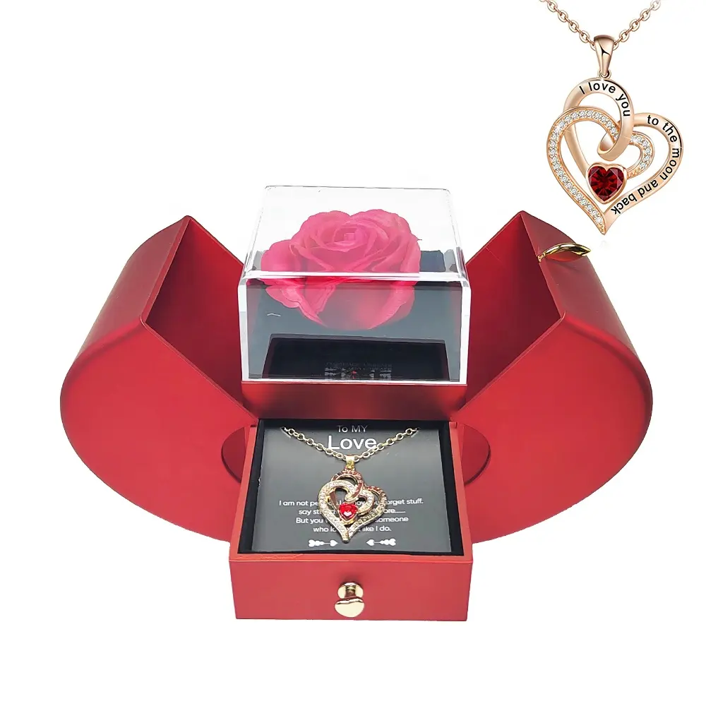 Mothers Day Rose Soap Flowers Box Jewelry Necklaces Gift Gold Valentine's Day Christmas Gift Double Heart Type Womens