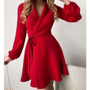 Venta al por mayor de las mujeres de la moda Vestido de satén Nuevo Europeo Americano Imprimir Casual Elegante Estilo de <span class=keywords><strong>manga</strong></span> <span class=keywords><strong>larga</strong></span> Tie-Wrap Vestido - Product Image 3