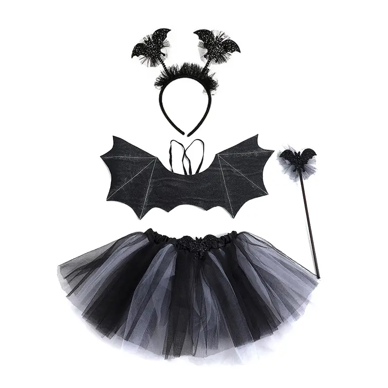 Kids Girls Black Bat Vampire Princess Dress Fancy Cosplay Costume Witch Clothes with Wing Halloween Role Play Clothing