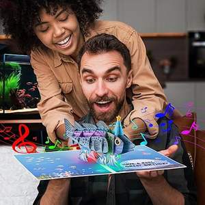 Funny Fish Themed 3D Pop up Musical Tarjetas de cumpleaños con luces y <span class=keywords><strong>canción</strong></span> de feliz cumpleaños para papá, hombres, pescador, él - Product Image 3