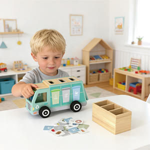 Camion à ordures en bois Puzzle pour enfants Apprentissage Camion de classification des ordures, Éducation en bois Jouets de protection de l'environnement - Product Image 2