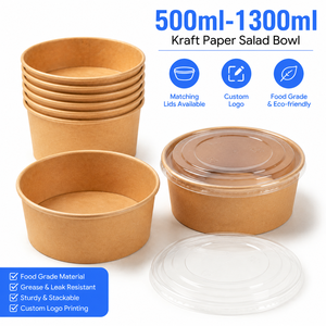 500ml-1300ml Kraft Paper Salad Bowl with Lid Disposable Round Takeaway Food <b>Container</b> Custom Logo Wholesale - Product Image 1