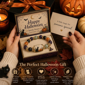 Bracelet en <span class=keywords><strong>calcédoine</strong></span> naturelle édition limitée Halloween, breloques chat noir, citrouille et chapeau de sorcière, bijoux cadeau pour femme, vente en gros - Product Image 4