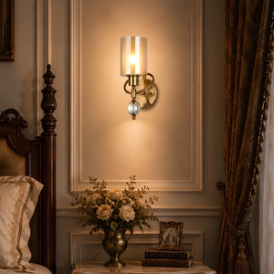 Lucienne Brushed Brass Wall Sconce Amber Cylinder Glass Crystal Finial Villa Bedroom Decor Lamp - Product Image 5