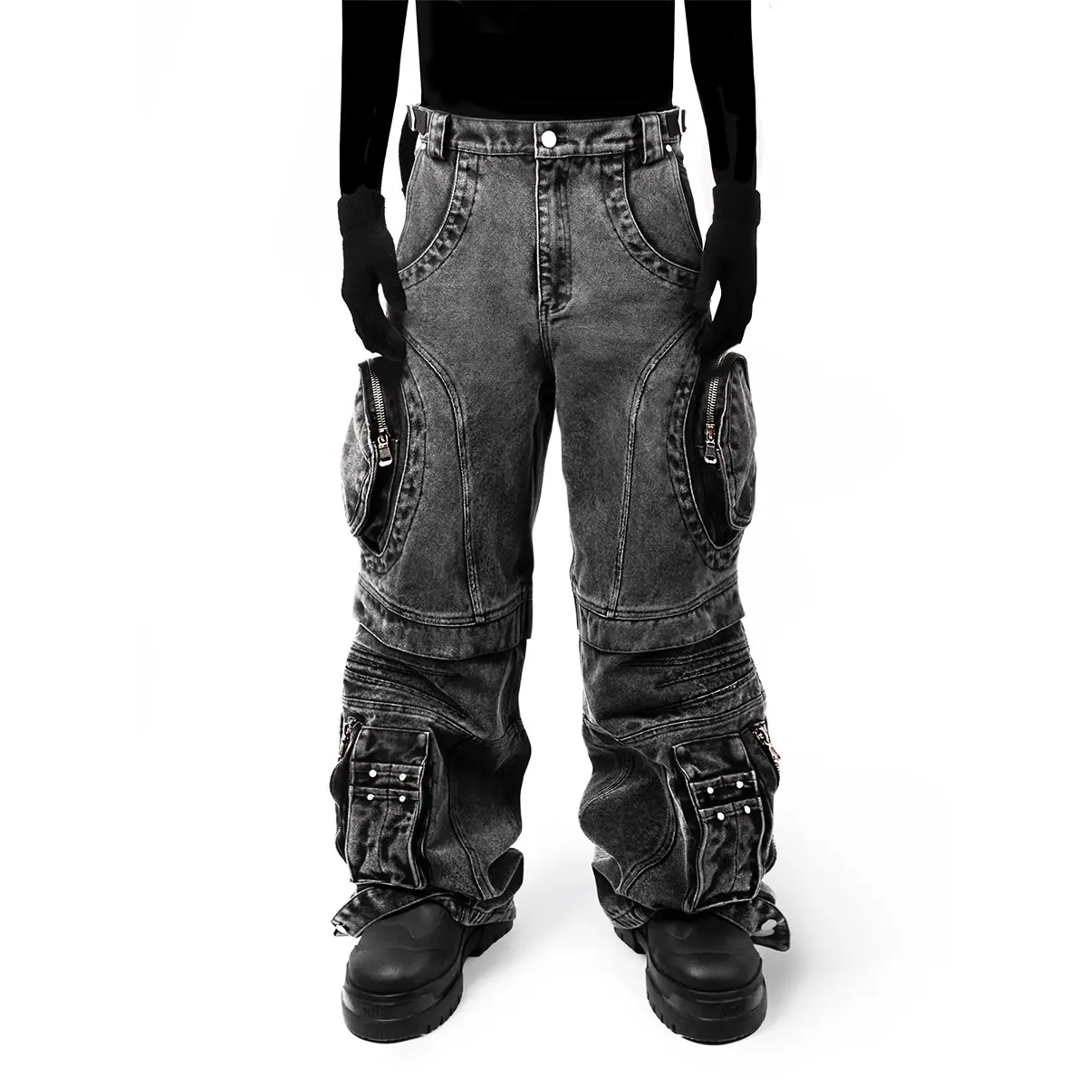 2024 mode rétro cargo style multi-poches jean jambe large lavé coupe en trois dimensions pantalon décontracté denim pantalon