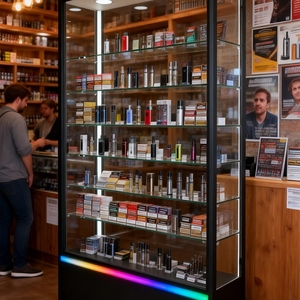 Vitrine <span class=keywords><strong>en</strong></span> verre pour salon avec éclairage LED de base coloré, idéale pour les produits de boutiques de tabac - Product Image 6