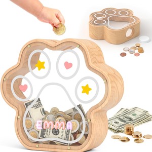 Hucha de madera con forma de pata de gato y tapa de acrílico, caja de dinero de madera maciza para niños de 5 a 7 años - Product Image 1