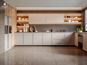 Armoires de cuisine modernes en gros avec finition grain de bois <span class=keywords><strong>et</strong></span> espace intégré pour appareils électroménagers, pour villas résidentielles, utilisation mondiale, OEM - Product Image 1