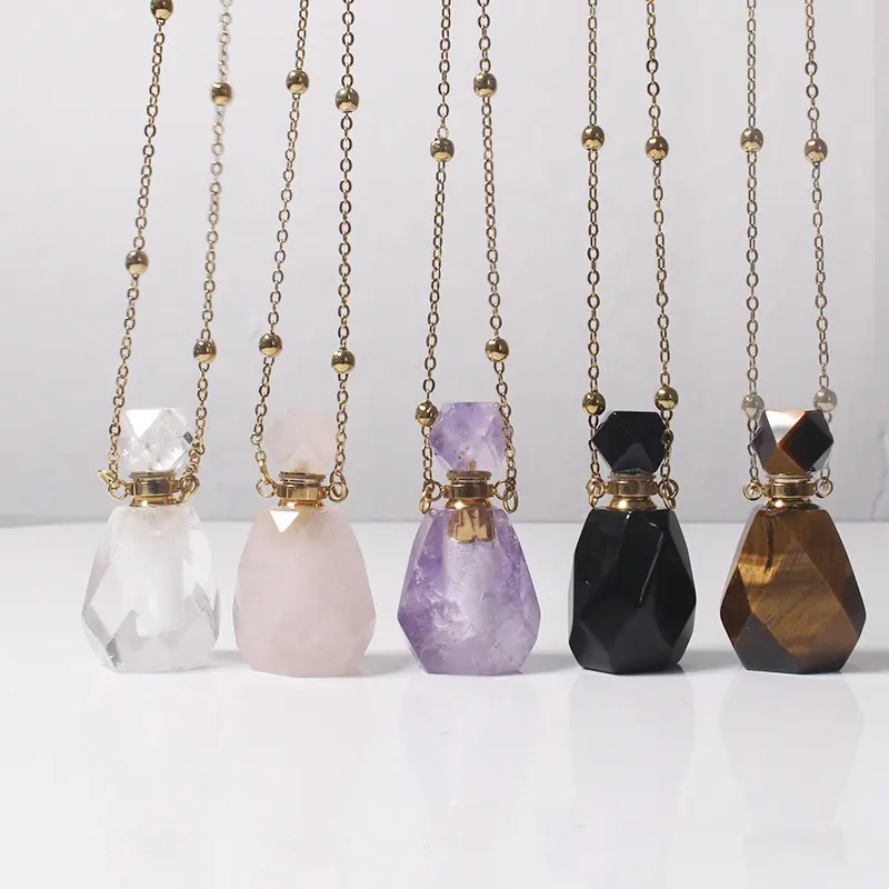 Zyo Jewelry Natural Gemstone Perfume Necklace Crystal Amethyst Quartz Gem Stone Bottle Necklace