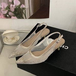Zapatillas de Tacón de Aguja con Punta Cerrada y Talón Abierto, Decoradas con Cristales de Imitación, Estilo Moderno - Product Image 5