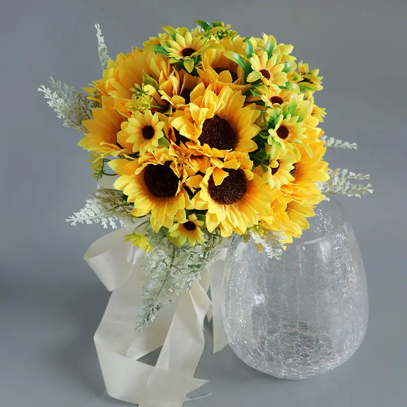 Vente en gros de tournesols artificiels Bouquet de tournesols artificiels pour mariage, décoration de la maison Bouquet à 9 têtes
