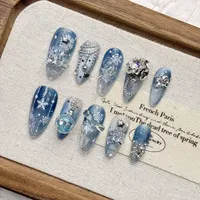Faux ongles à presser en gros, faits à la main, bleus, de forme courte, en acrylique, avec accents flocon de neige, pour Noël