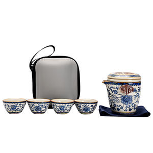 Juego de té de cerámica azul y blanco para viaje con tapa, una tetera, tres tazas, portátil, para acampar al aire libre, juego de utensilios de regalo. - Product Image 5