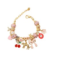 Bracelet porte-bonheur plaqué or tendance avec breloques croix, cerise, léopard, nœud, 7 fleurs rouges et étoile, bijou porte-bonheur