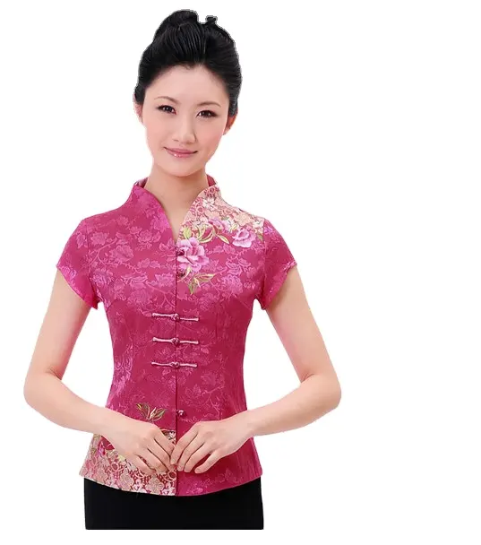 唐スーツ女性夏中国女性ティーアート作業服半袖ブラウス3色