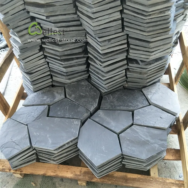 Black Slate Meshed Irregular Shaped Paving stone for Landscape Floor