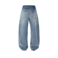 Jeans personnalisés à taille haute, pantalon culotte, lavage vintage, coupe ample, bleu, non élastique, lavage chimique, jeans tendance pour hommes