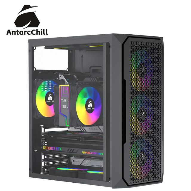 AntarcChill Black Mid Tower ATX Tempered Glass Gaming Computer Case Mesh Front Panel USB3.0 High Airflow Cooling Chassis