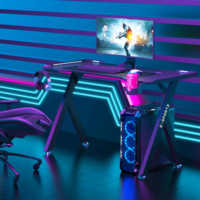 Table de jeu Wquantum Black 256 RGB, design E-Sports avec porte-gobelet, crochet pour casque, bureau de jeu, surface en bois, structure en métal