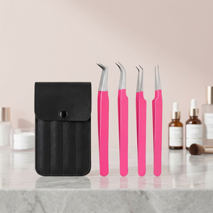 4Pcs <b>Pink</b> Eyelash Tweezers <b>Set</b> Stainless Steel Precision Curved Straight Tip Lash Extension Beauty <b>Tools</b> with Storage Case - Product Image 3