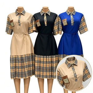 <span class=keywords><strong>Abito</strong></span> <span class=keywords><strong>Midi</strong></span> a Quadri con Patchwork alla Moda, Maniche Corte, Vita Annodata, Pieghe e Bordi Arricciati, per Ufficio e Uso Quotidiano - Product Image 5