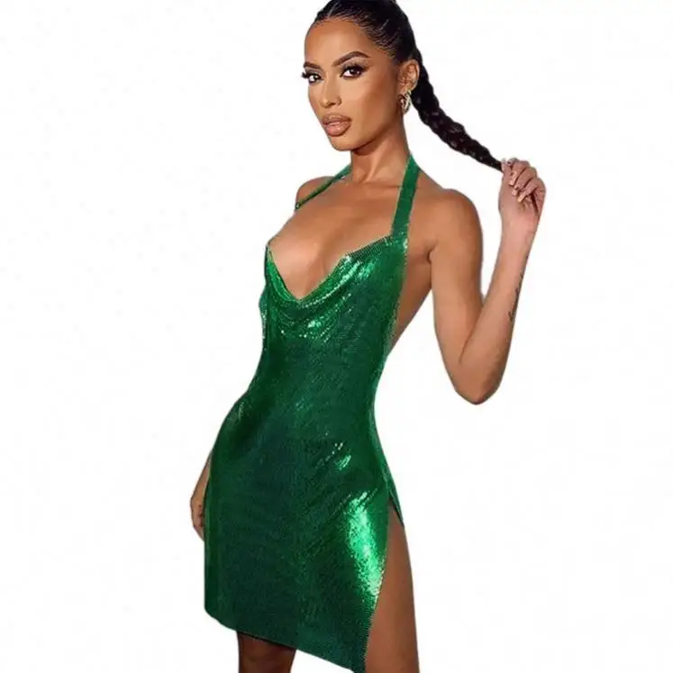 High Quality Green Color Backless Metal Chain Mail Choker Mini Dress Halter Neck Crystal Straps Chainmail Dress