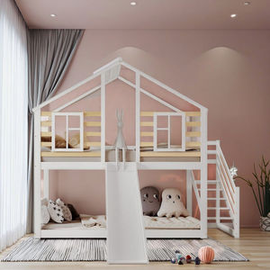 Litera <span class=keywords><strong>infantil</strong></span> con certificación EN474, cama individual de <span class=keywords><strong>madera</strong></span> maciza con escaleras y rejilla con tobogán y ventana, color blanco - Product Image 1