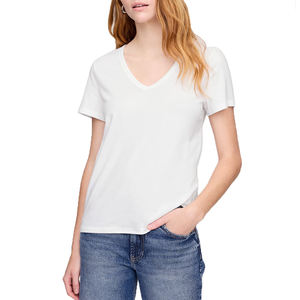 T-shirt ample décontracté à col en V pour femme, coupe classique, en coton uni, manches courtes, respirant, écologique, confortable pour tous les jours - Product Image 4