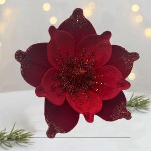 Factory 24cm Cloth Glitter <b>Poinsettia</b> Christmas Velvet <b>Artificial</b> Magnolia Flowers Durable Fashionable for Holiday Tree - Product Image 6