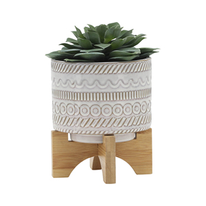 Vaso in ceramica goffrata con supporto in legno, piccolo vaso rialzato per decorazioni domestiche, da tavolo, ingresso, giardino - Product Image 3