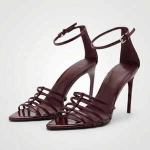 Chaussures-Femm Talon Women's Burgundy Pointed <b>Toe</b> Stiletto Heels Strappy Ankle Buckle Sandals - Product Image 1