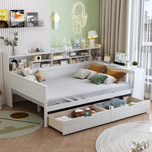 Modern Solid Wood Full/Queen Size Double Bed Daybed with Storage Shelves Two Drawers and <b>Study</b> <b>Desk</b> for Bedroom - Product Image 2