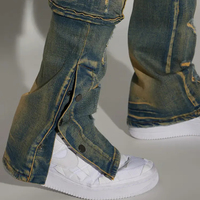 Jean cargo flare dégradé extensible 13oz pour homme, multi-poches, déchiré, boutonné, fendu à la cheville, style Y2K Street, collection 2026
