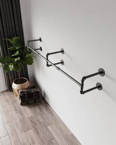 Black <strong>Wall</strong> Mounted Hanging Pipe <strong>Clothes</strong> Rack <strong>Rail</strong>, Garment <strong>Clothes</strong> Hanging Rack for <strong>Clothes</strong> - Product Image 2