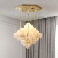 Luminaires suspendus de luxe en marbre naturel pour salon, style villa, avec abat-jour en albâtre espagnol blanc chaud E14 et éléments en cuivre