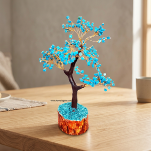 Árbol de Piedras Preciosas de Turquesa Hecho a Mano con Alambre Dorado sobre Base de Madera, Decoración Artesanal con Arena de Cristal Azul - Product Image 2
