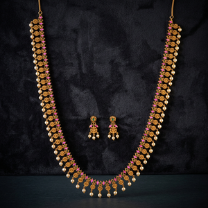 Parure de collier long pour femme, style Inde du Sud, imitation perles de qualité export, plaqué or mat, pour fêtes et mariages - Product Image 2