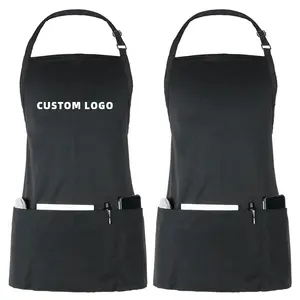 CHANGRONG Custom Women Men Medium Length Black Adjustable bib apron with pockets