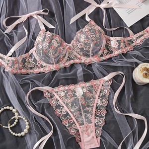 Women's Sexy Soft Lace Lingerie Set Floral Embroidery Sheer See Through Mesh Underwear Floral Lace Underwire Sheer Set - Product Image 1