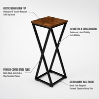Support de plantes carré haut de gamme de style industriel, plateau en bois et piétement en fer robuste pour pot de fleurs, pour salon intérieur