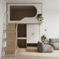 Lit mezzanine capsule spatiale bicolore avec rangement sous le bureau, escalier, armoire, coin creux en arc, lit multifonction pour petit appartement