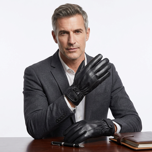 Black Leather Sheepskin Touchscreen Winter <b>Gloves</b> Warm Wrist Length <b>Men</b> <b>Driving</b> Outdoor Casual Wear - Product Image 3