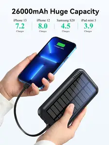 Latest Dropshipping Wireless Solar Power Bank Built In Cable Power Bank Solar Portable Charger With Dual LED