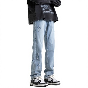 Jeans de Mezclilla de Pierna Recta para Hombre, Corte Holgado, Lavado a la Piedra, Azul, Estilo Urbano, Decoración con Parches, Algodón de Peso Medio, Estilo Otoñal - Product Image 1