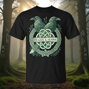 Huginn & Muninn Viking Ravens T-Shirt Design mythologie nordique T-shirt noir pour hommes - Product Image 3