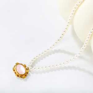 Pearl Necklace Oval Pink Mother Of Pearl Pendant <b>Gold</b> <b>Frame</b> Bezel Setting Everyday Wear Women's Fashion Jewelry Accessory - Product Image 3