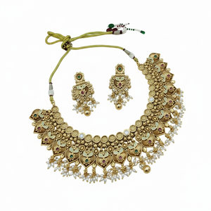 Parure de mariée de qualité supérieure, style ethnique traditionnel, avec collier ras-du-cou et boucles d'oreilles Jhumka, en zircon plaqué or - Product Image 2